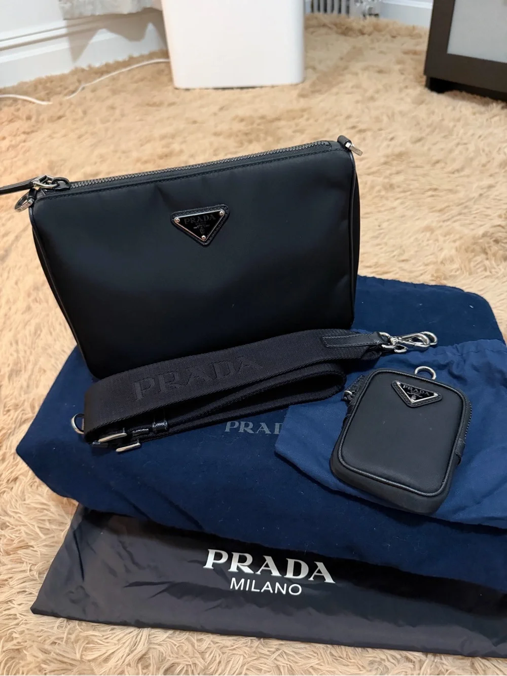 Prada Black Nylon Messenger Bag with Detachable Logo Strap and Pouch